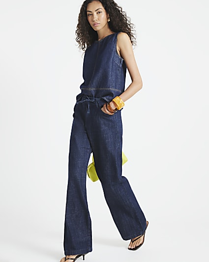 Blue Wide Leg Tie Front Jeans
