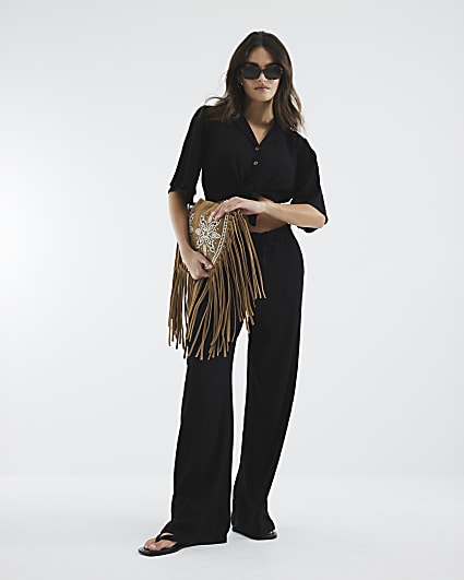 Black Crinkle Linen Blend Tie Front Shirt