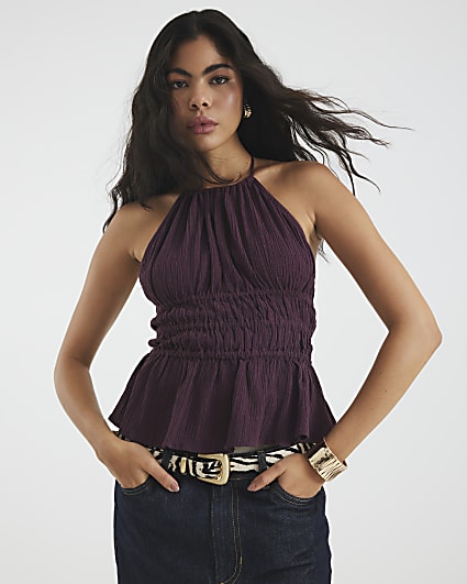 Purple Linen Blend Halter Neck Top