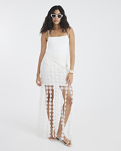 White Crochet Tassel Midi Skirt