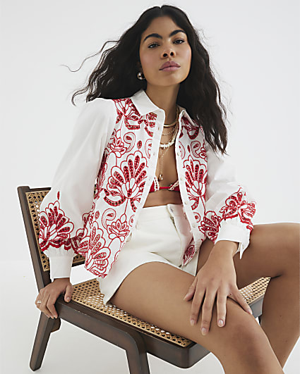 White Long Sleeve Cutwork Detail Shirt