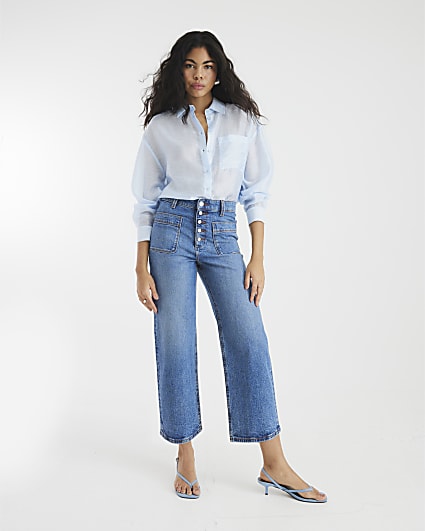 Blue Wide Leg Pocket Cropped Jeans