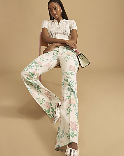 White High Waisted Relaxed Flare Floral Jeans