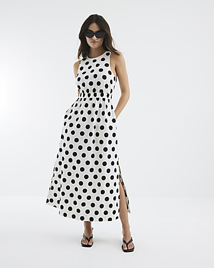 White Polka Dot Cut Out Poplin Midi Dress
