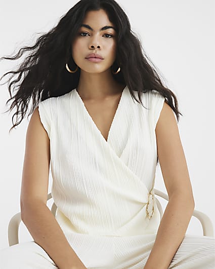 Cream Sleeveless Plisse Wrap Top