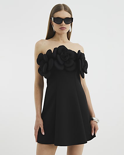 Black Scuba 3D Flower Bandeau Mini Dress