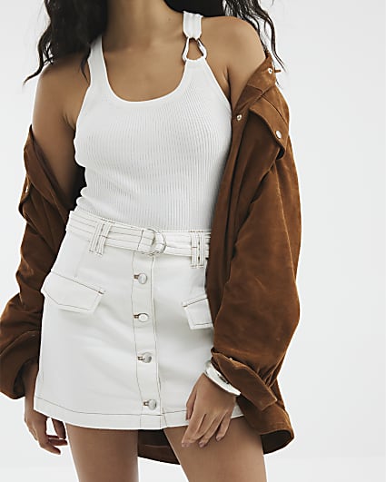 White Denim Button Mini Skirt