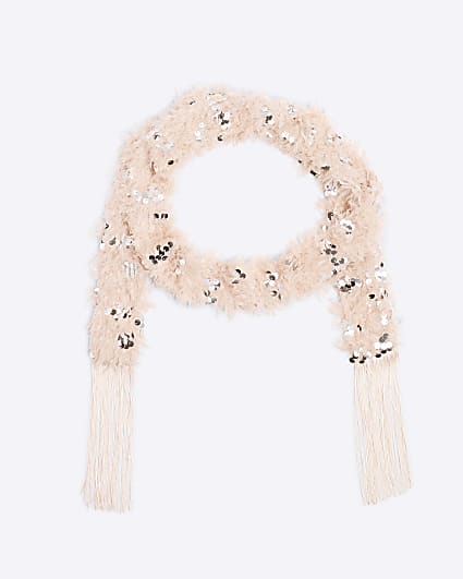 Pink Feather Sequin Skinny Scarf