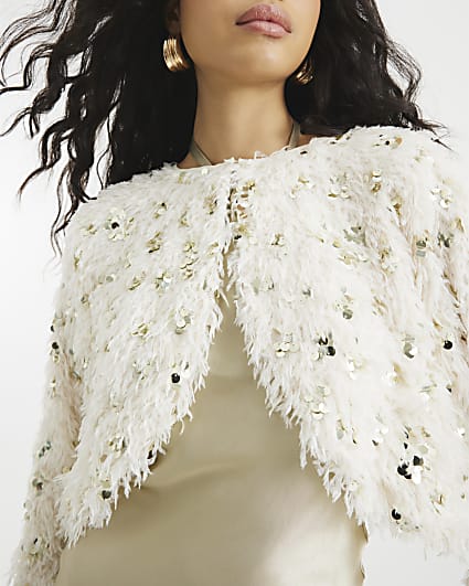 Beige Long Sleeve Feather And Sequin Bolero