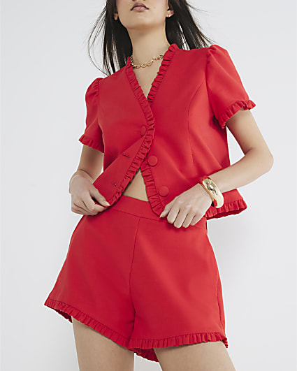 Red Linen Blend Frill Tailored Shorts