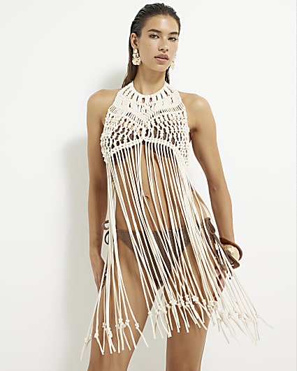 Beige Macrame Halter Neck Pearl Trim Top