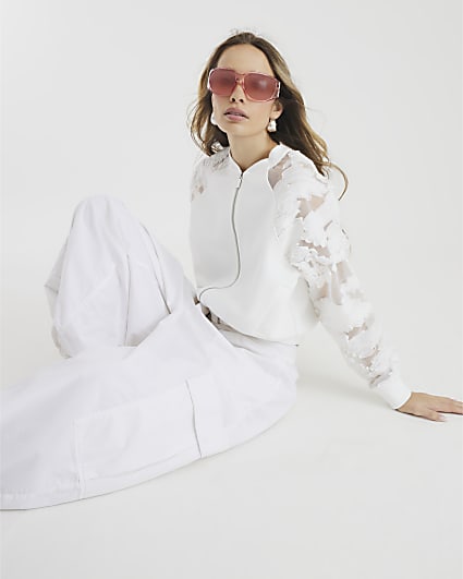 Cream Mesh Long Sleeve Bomber Jacket