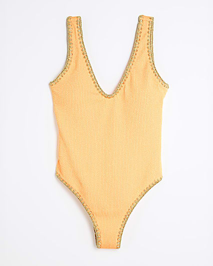 Orange Textured Plunge Neck Swimsuit