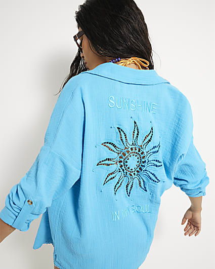 Blue Sun Embroidered Oversized Beach Shirt