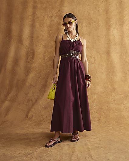 Purple Strappy Poplin Midi Dress