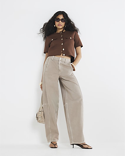 Brown Knit Button Up T-Shirt