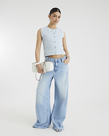 Blue Knit Diamante Button Waistcoat