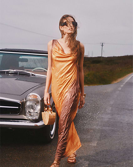 Orange Sleeveless Crinkled Ombre Midi Dress