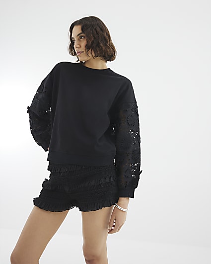 Black Long Sleeve Lace Detail Sweatshirt