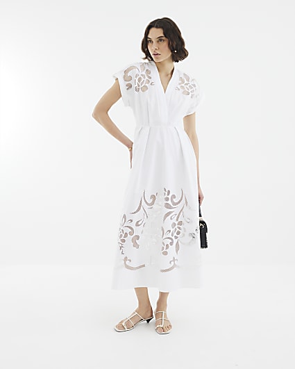 White Short Sleeve Cutwork Midi Dress