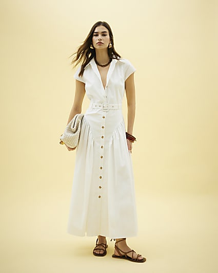 White Short Sleeve Belted Midi Shirt Dress