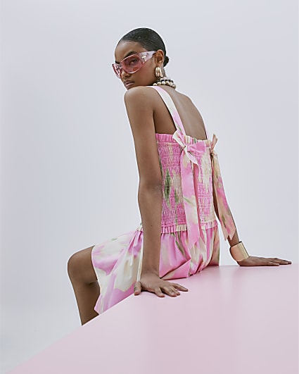 Pink Floral Shirred Mini Dress