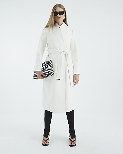 Cream Notch Collar Belted Wrap Coat