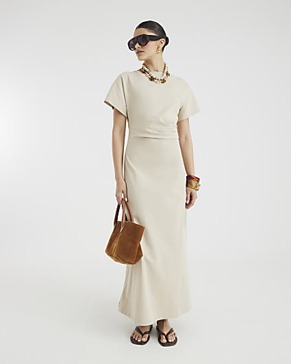 Beige Short Sleeve Drape Side Midi Dress