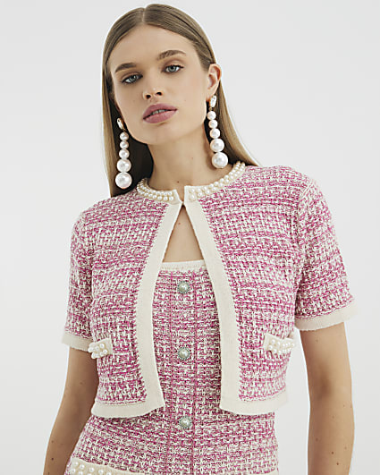 Pink Short Sleeve Boucle Cardigan