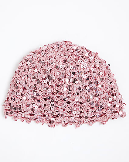 Pink Crochet Sequin Skull Cap