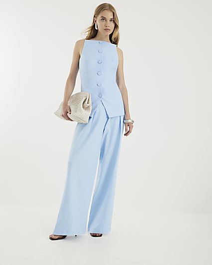 Blue Linen Blend Wide Leg Trousers