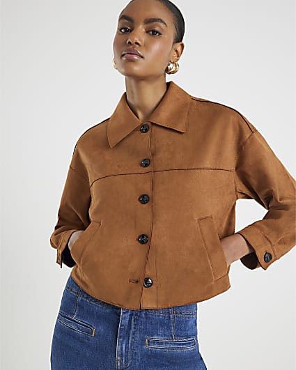 Brown Faux Suede Long Sleeve Overshirt