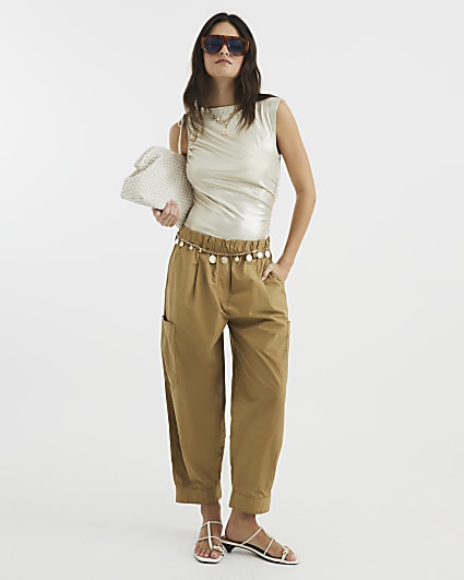 Gold Sleeveless Coated Ribbed Drape Top