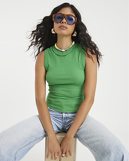 Green Sleeveless Ribbed Tank Top