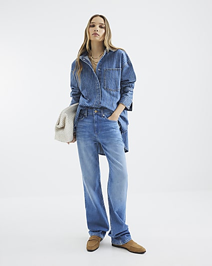 Blue High Rise Stretch Straight Leg Jeans