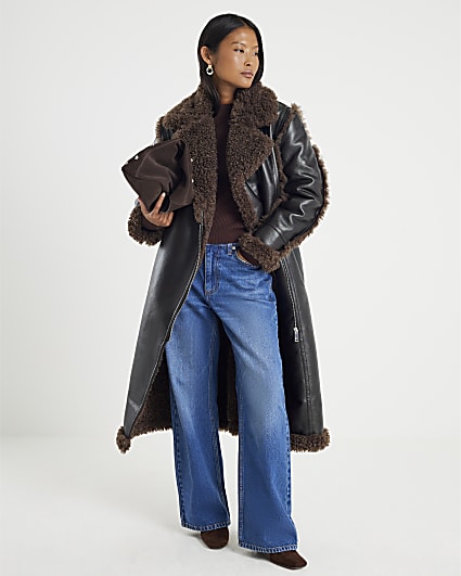 Petite Black Faux Shearling Lined Trench Coat