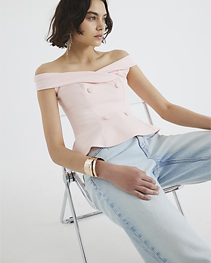 Pink Double Breasted Bardot Top
