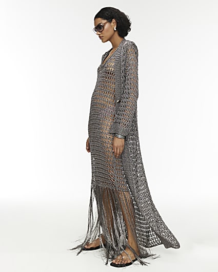 RI Studio Metallic Grey Maxi Crochet Cardigan