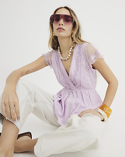Purple Short Sleeve Floral Embroidered Top