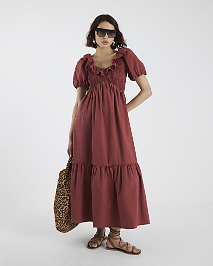 Red Short Sleeve V Neck Frill Midi Dress