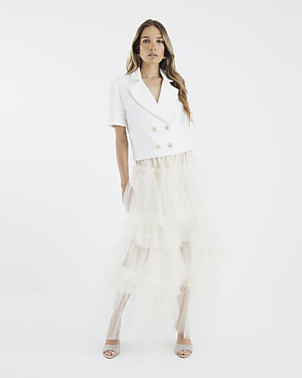 Cream Mesh Tulle Midi Skirt