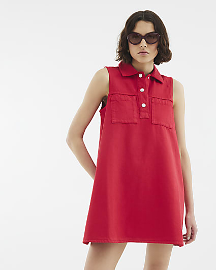 Red Denim Sleeveless Collared Shirt Dress