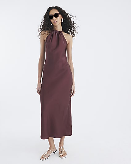 Brown Sleeveless Halter Neck Maxi Dress