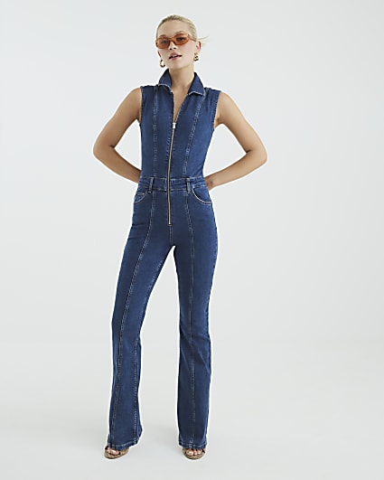 Blue Denim Sleeveless Flared Leg Jumpsuit