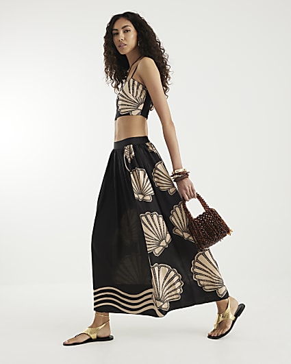 Black Printed Beach Maxi Skirt