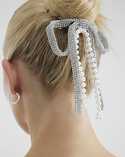 Silver Pearl Crystal Bow Hair Clip