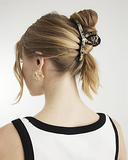 Black Tortoiseshell Print Studded Claw Clip