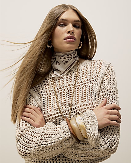 Beige Crochet Long Sleeve Top