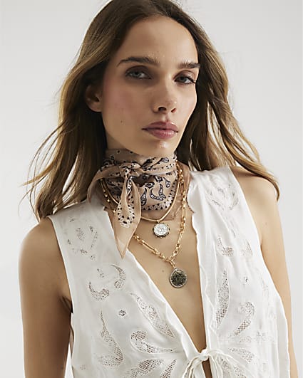 Brown Neck Scarf And Layered Coin Necklace