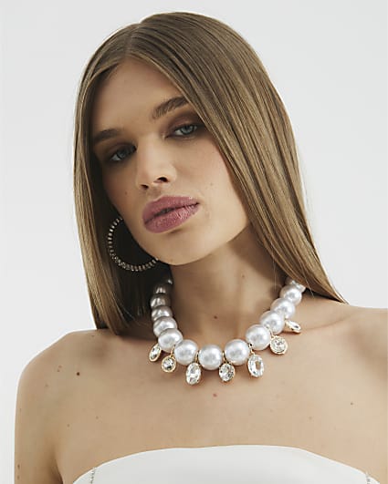 White Pearl Rhinestone Collar Necklace